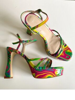 ROUGE HELIUM Groovy Swirl Platform Neon Heels Sandals Pumps Shoe Size 10